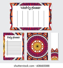 Mandala pattern weekly and daily planner template. Organizer with notes and bookmark.  Ready to print. Isolated vector