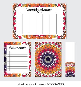 Mandala pattern weekly and daily planner template. Organizer with notes and bookmark.  Ready to print. Isolated vector