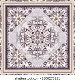 Mandala pattern in white beige violet yellow for decoration. Print for paper wallpaper, tiles, textiles, neckerchief. Frame.