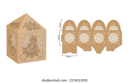Mandala patterned box template. Ethnic decorative elements. Box template. Gift box digital template vector. Pattern vector files for laser cut. Gift box template.