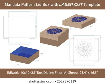 Mandala caixa de tampa estampada com laser corte Dieline Modelo