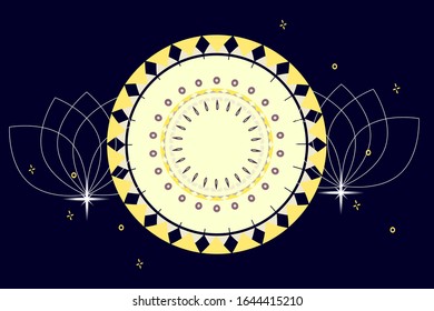 Mandala patterns on dark background illustration. Blue and yellow color Mandala flower decoration. Vector floral ornament. Tribal ethnic fashion motif for banner, flyer.