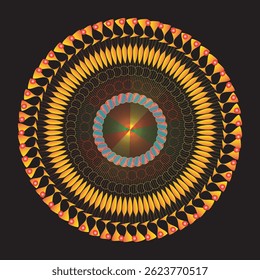 Mandala with patterns repeating around a central point and detailed patterns and design. 