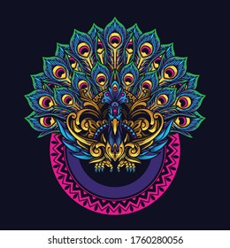 ilustración de pavo real de mandala y diseño de camisetas