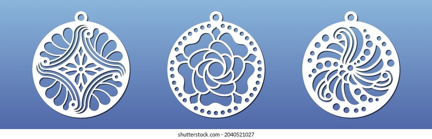 Mandala pendants for laser cnc cut. Stencil for cutting or engraving. Medallion, keyring , coaster, wall art hanging, decorative paper art design. Abstract geometric pattern. Vector illustration