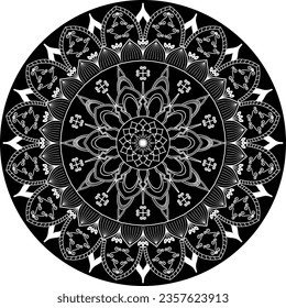 Mandala of petals and points in white lines and black background.