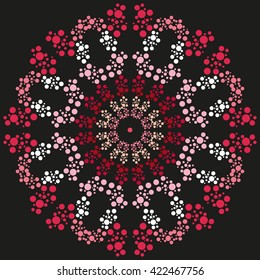 Mandala pink. Black background. Symbol of romantic emotions.