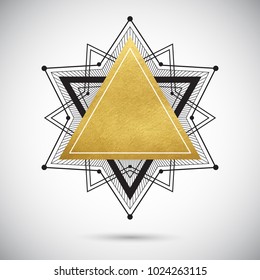 Mandala, polygonal star illustration with golden foil triangle or pyramid. Vector  background, frame, star shape. Sacred geometry, print design element. Gold texture with space for text, lettering.