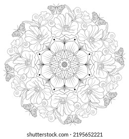 Mandala with poppies, leaves and butterflies on a white background. Anti-stress coloring book for children and adults. Decorative element for design