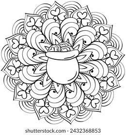 Mandala with pot of coins and patterns, ornate St. Patrick's Day coloring page vector illustration for holiday activity