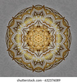 Mandala presentation. Modern vector template for brochure leaflet flyer cover catalog magazine or annual report. Business, science and technology design book layout. Golden layout on gray background.