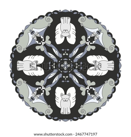 Mandala. Pretty angel cat with closed eyes. Colors.