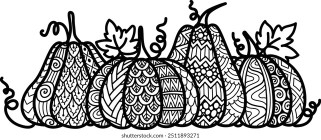 Mandala pumpkins for halloween, thanks giving, autumn harvesting concept. Adult coloring page for anti stress. Vector illustration.