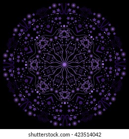 Mandala purple. Black background. Simple purple mandala.