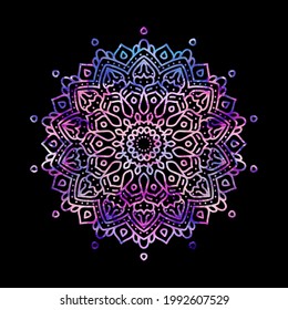 Mandala purple colorful. Decorative round ornament on black background.Vector hand drawn circular decorative element. Hand drawn ornament. Islam, Arabic, Indian style
