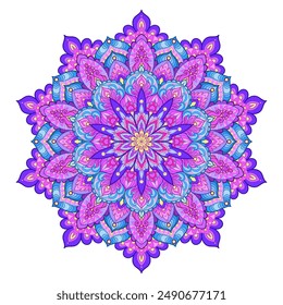 Mandala purple. Isolated on a white background. Round decorative ornament. For the design of prints, posters, cards, non-adhesives, tattoos, meditation, yoga, etc. Vector illustration