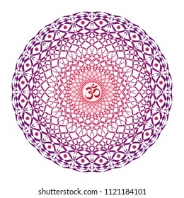 Mandala in purple, violet and red colors with the Aum / Ohm / Om sign. Openwork ornament. Vector drawing.