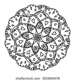 Mandala radiant starry doodle  line hand-drawn pattern coloring page book black and white art therapy relax psychology heart magnificent