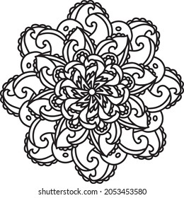 Mandala radiant starry doodle  line hand-drawn pattern coloring page book black and white art therapy relax psychology curl fractal flowery