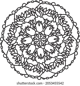 Mandala radiant starry doodle  line hand-drawn pattern coloring page book black and white art therapy relax psychology