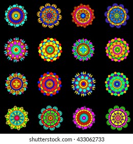 Mandala rainbow set. Colorful round ornament elements collection. Vector flat style. 