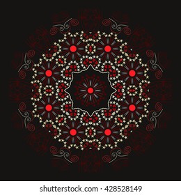 Mandala red. Black background. Beautiful mandala in flower shape. A circular ornament, Oriental motifs.