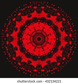 Mandala red. Black background. Interesting curves, a beautiful dream catcher. Magic picture, magic symbol.