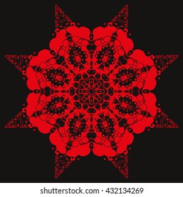 Mandala red. Black background. Interesting curves, a beautiful dream catcher. Magic picture, magic symbol.