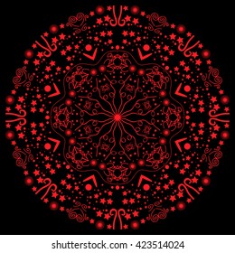 Mandala red. Black background. Simple red mandala.