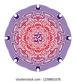 Mandala in Red and blue colors on a white background with aum / ohm / om sign in the center. Vector openwork drawing. Spiritual symbol.