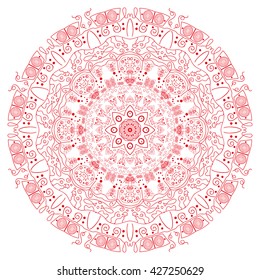 Mandala red. White background. Beautiful red circle.