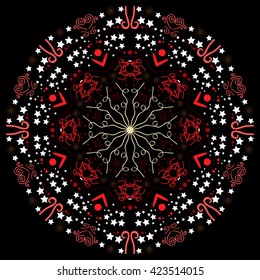 Mandala red-white. Black background. Beautiful red colors with white color.