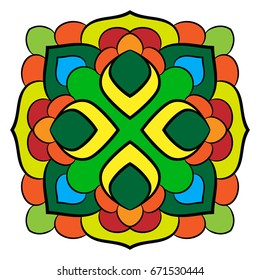 Mandala for relaxation. Symmetrical pattern in the square. A colorful picture for the color book. A simple drawing for scrapbook.