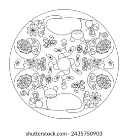 Mandala. Relaxed Cat with eyes closed. Butterflies and Flowers. Coloring page.