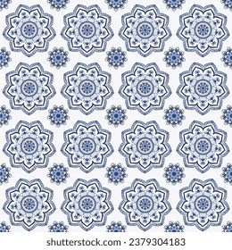 mandala repeat. block print mandala art. blue block print isolated on white background.folk art