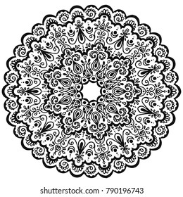 Mandala repeat ornament texture. Vector coloring book page, henna pattern.