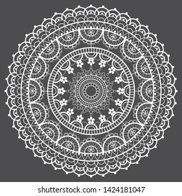 Mandala retro lace vector pattern, round design with flowers and swirls in white on gray background. Beautiful lace background, retro textile decoration with repetitive graphics inspired by French art