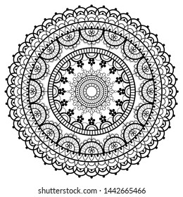 Mandala retro lace vector pattern, round design with flowers and swirls in black on white background. 
Beautiful monochrome lace background, retro textile decoration with repetitive graphics