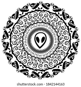 Mandala. Rockets, aliens, and space. Vector illustration.