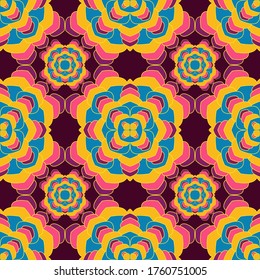 Mandala rococo seamless pattern. Floral damask motif vector design. Abstract flower mandala tile ornament. Ethnic floral textile print. Endless medallion wrapping seamless pattern.