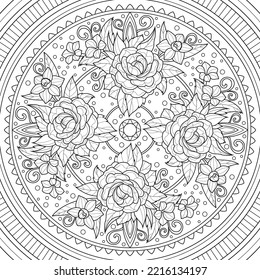 Mandala with roses. Ornament. Abstraction.Coloring book antistress for children and adults. Illustration isolated on white background.Zen-tangle style. 