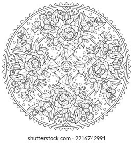 Mandala with roses. Ornament. Abstraction.Coloring book antistress for children and adults. Illustration isolated on white background.Zen-tangle style. 