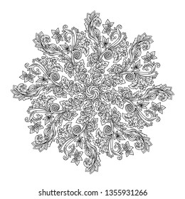 Mandala round Art-Nouveau Deco decorative vector illustration in style of antique Roman and Greek ornaments with floral spirals, flowers and botanical foliage, outline for coloring isolated on white 