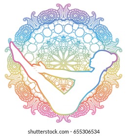 Mandala round background. Boat yoga pose. Paripurna Navasana. Vector illustration