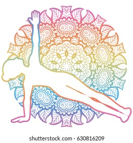 Mandala round background. Extended side plank yoga pose. Vasisthasana. Vector illustration