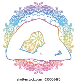 Mandala round background. Little Thunderbolt yoga pose. Laghu Vajrasana. Vector illustration