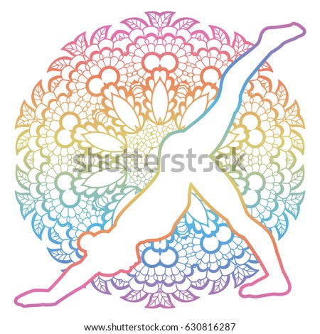 Mandala round background. One legged downward facing dog Yoga Pose. Eka Pada Adho Mukha Svanasa. Vector illustration