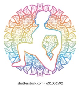 Mandala round background. One-Legged King Pigeon Yoga Pose. Eka Pada Rajakapotasana Vector illustration