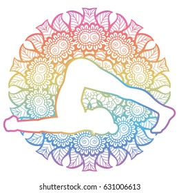 Mandala round background. Plow Yoga Pose. Halasana Vector illustration