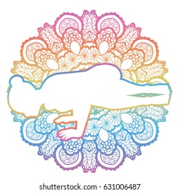 Mandala round background. Side Crane Crow Yoga Pose. Parsva Bakasana Vector illustration